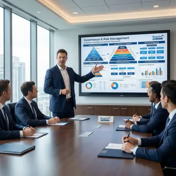 Compliance advisor presenting a risk framework on a screen to a business team