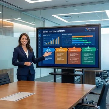 Data strategy consultant presenting analytics roadmap on digital dashboard
