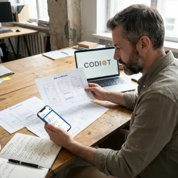 Mobile app design mockups and wireframes on a desk