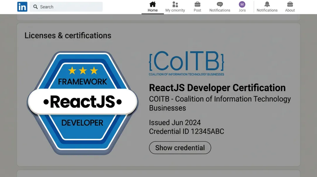 COITB web development certification badge displayed on professional LinkedIn profile