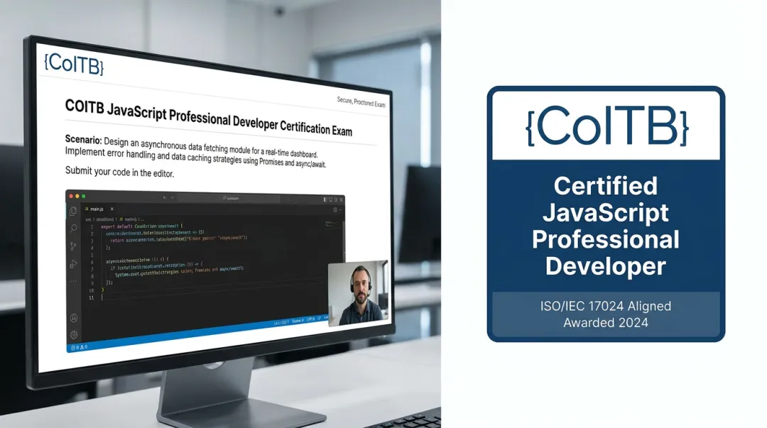 COITB JavaScript Professional Developer certification exam interface and digital badge