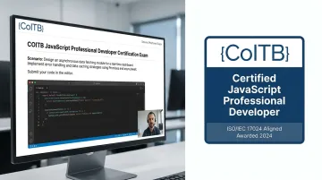 COITB JavaScript Professional Developer certification exam interface and digital badge