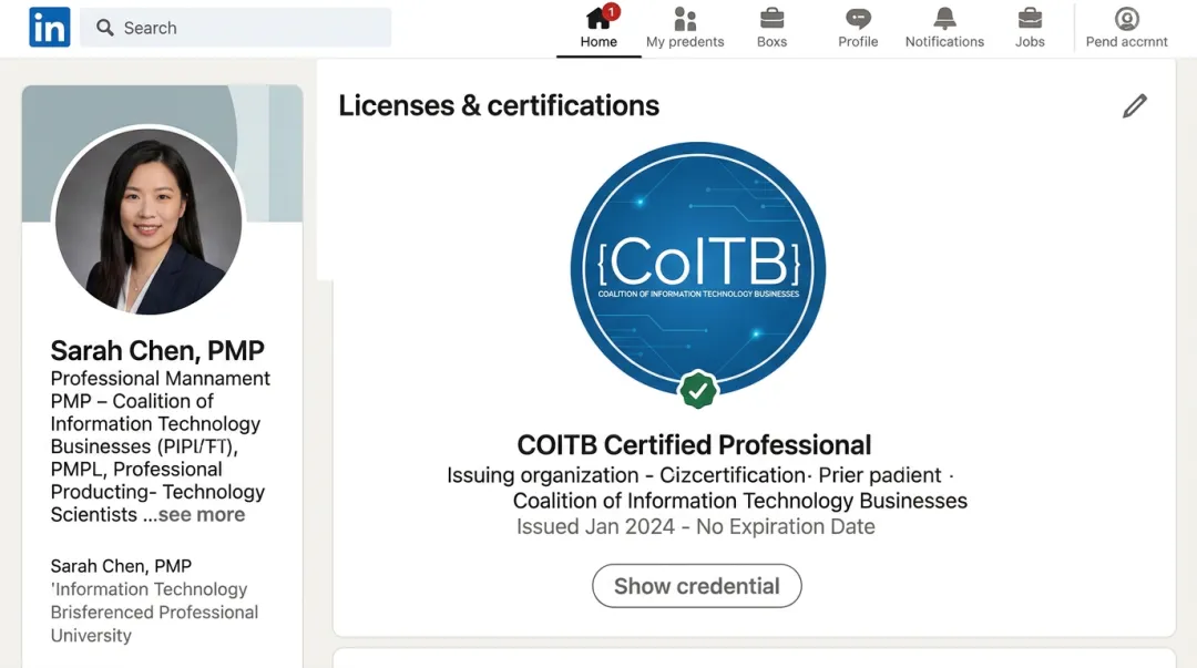 COITB digital badge credential displayed on LinkedIn profile verification page