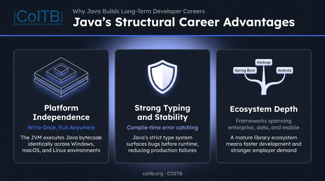 Three core Java advantages platform independence stability and ecosystem depth diagram