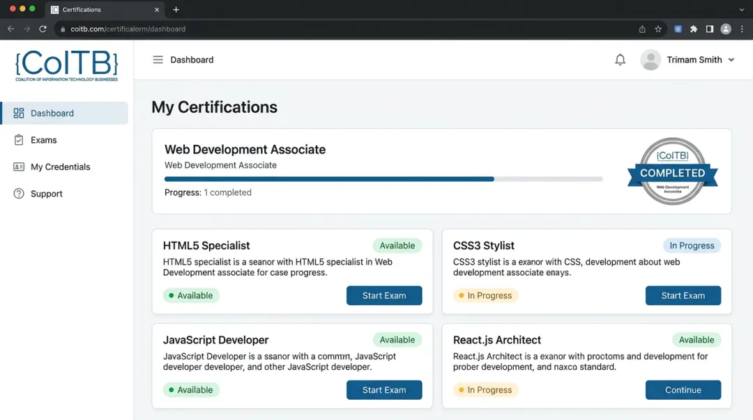 COITB web development certification exam interface on laptop screen