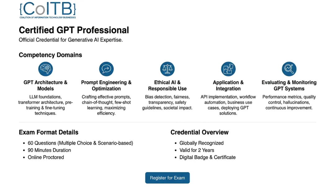 COITB Certified GPT Professional exam dashboard showing competency domains and exam structure