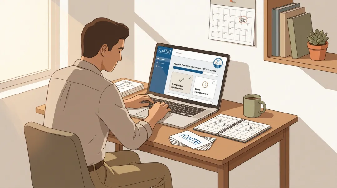 Focused professional studying IT certification materials at organized home desk