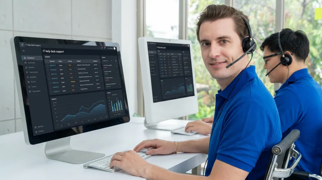 Help desk technician providing IT support using computer at office workstation