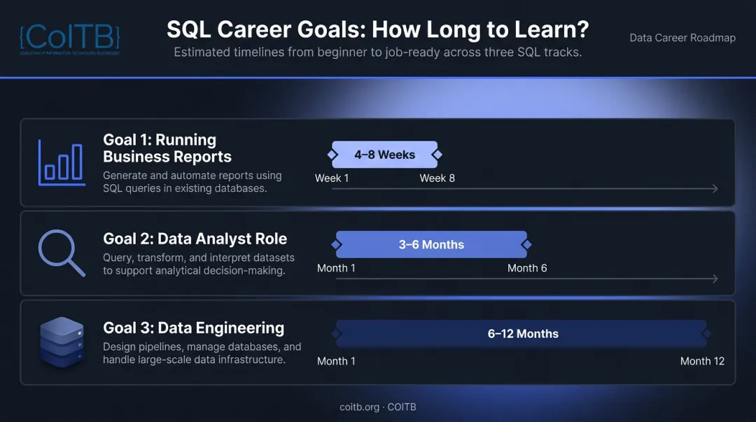 SQL learning goal timelines comparing reports analyst and data engineering career paths