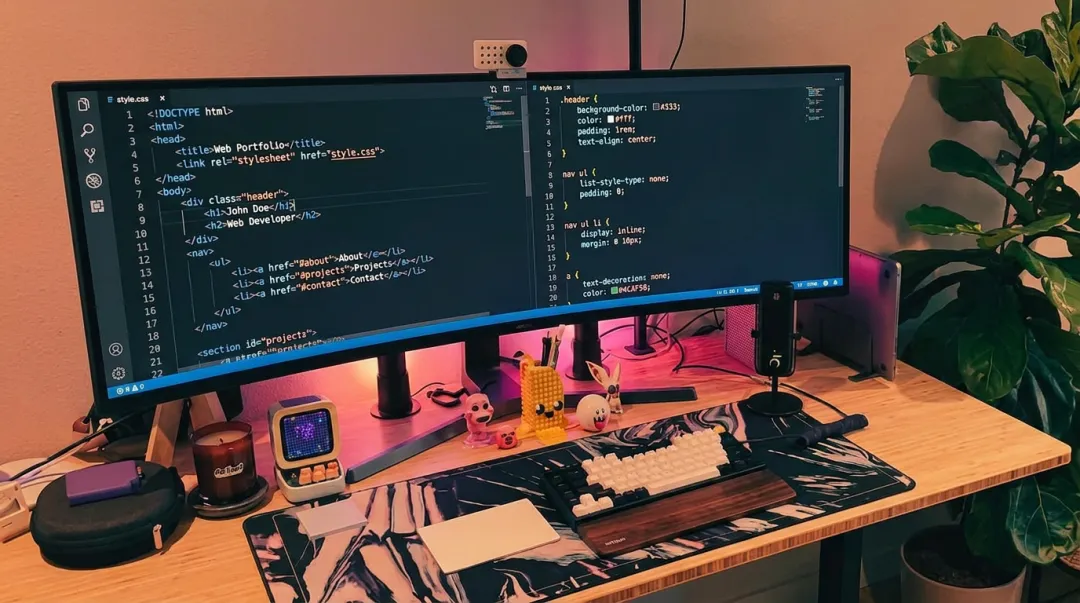 Web developer working on code editor with multiple browser windows open
