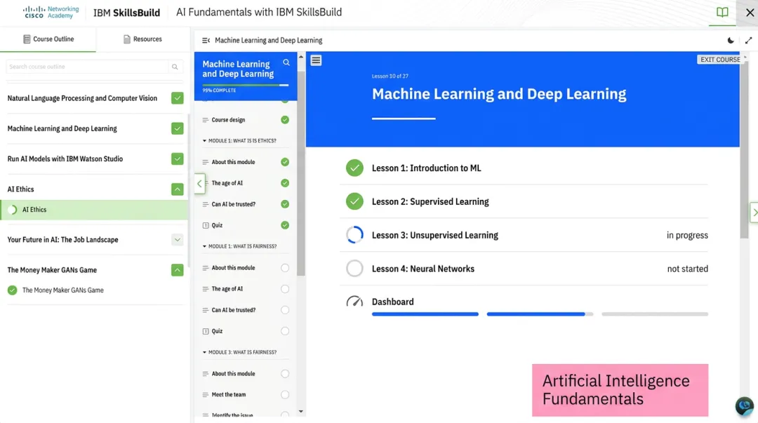 IBM SkillsBuild AI Fundamentals course interface showing modular learning dashboard