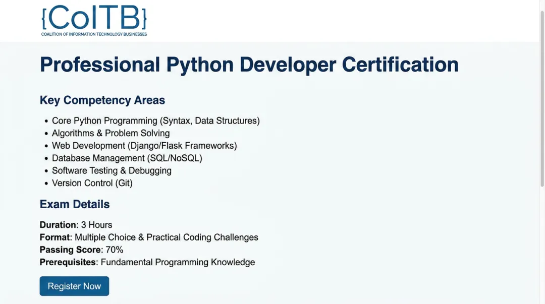 COITB Python developer certification exam interface showing credential details and competencies
