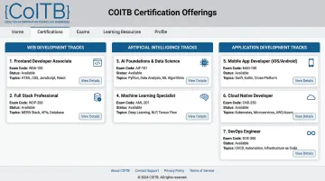 COITB ISO-aligned certification exam dashboard showing seven available credential tracks