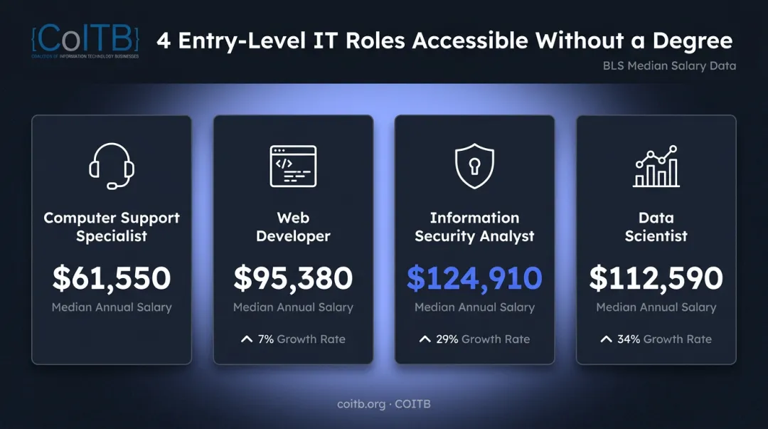 Four entry-level IT roles salary and growth comparison chart without degree