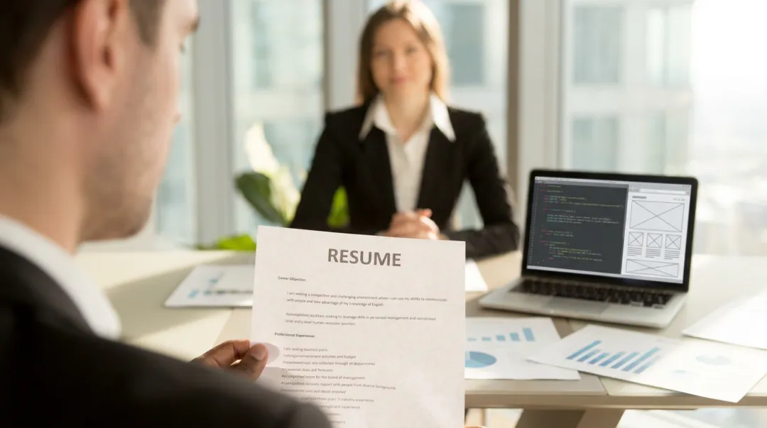Hiring manager reviewing developer resume and portfolio in professional office setting