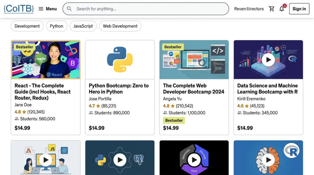 Udemy course marketplace interface showing top-rated Python and web development bootcamps