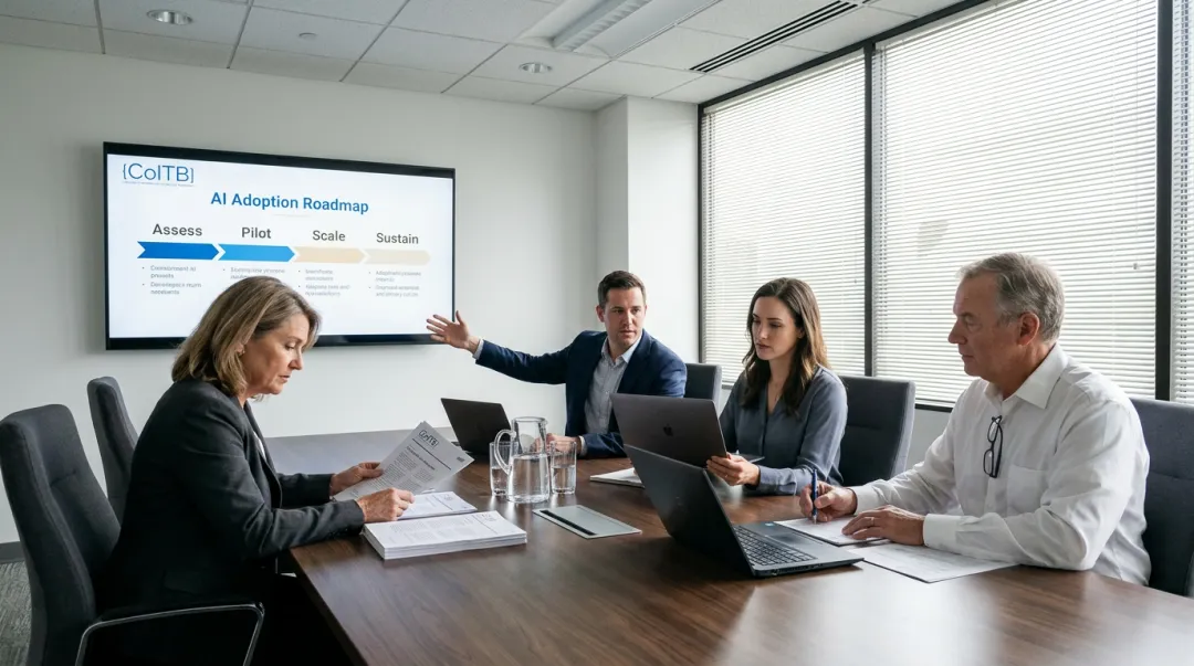 Diverse senior executive team discussing AI strategy around modern boardroom table