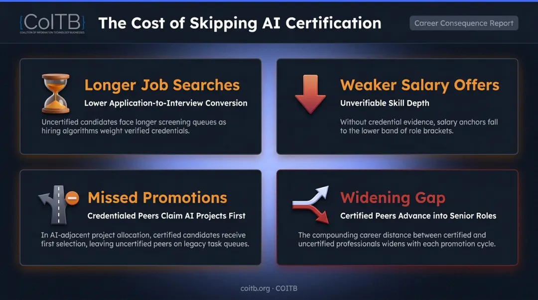Four career consequences of skipping AI certification showing compounding disadvantages