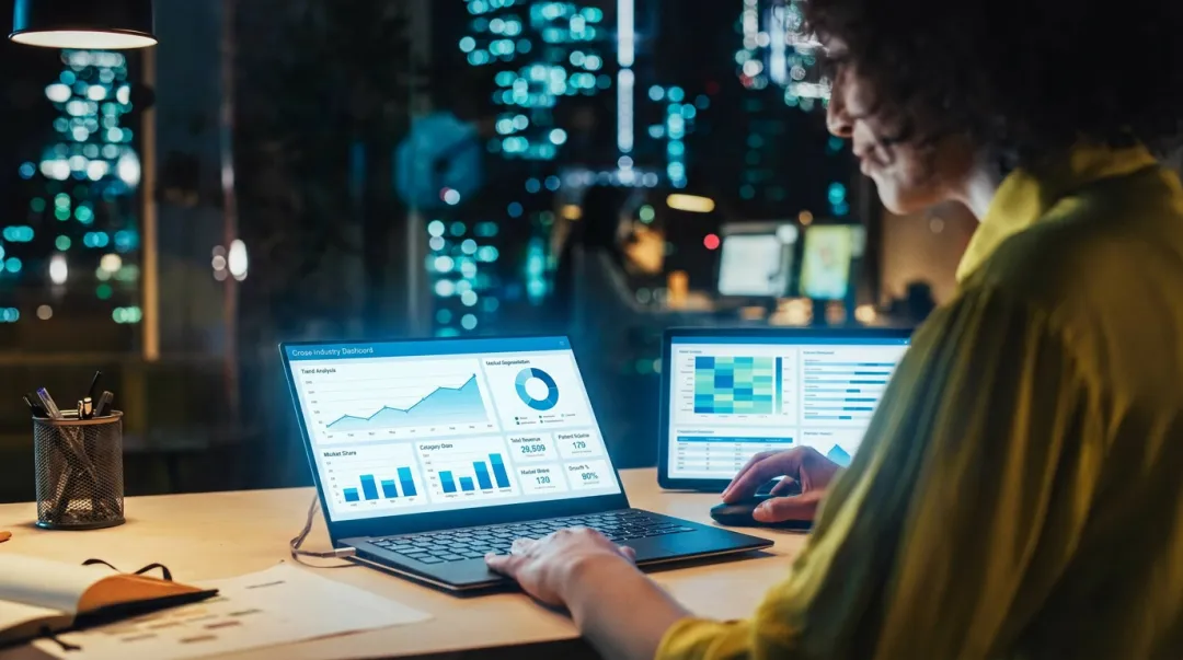 Data analyst reviewing business intelligence dashboard with charts and visualization metrics
