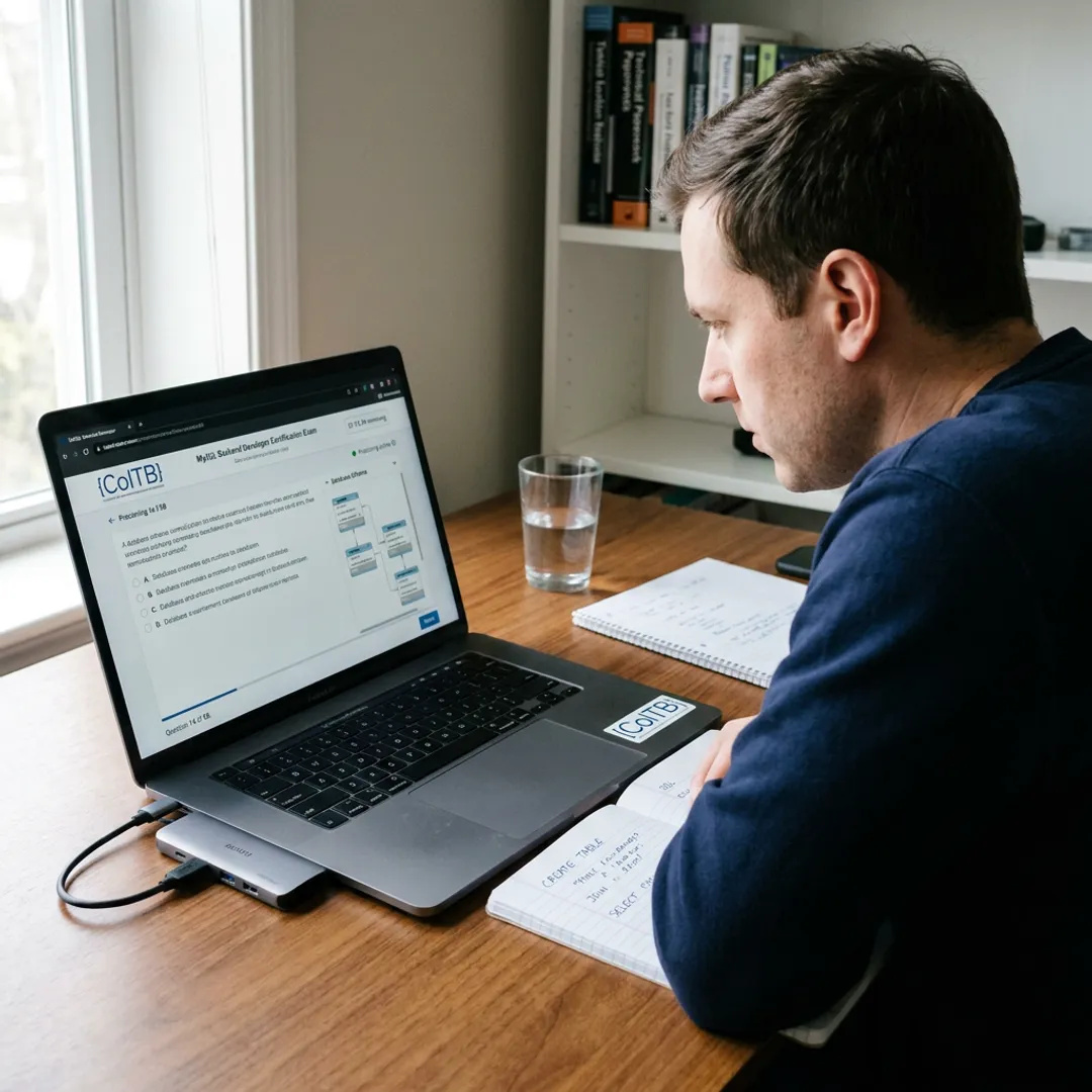 Candidate taking an online SQL developer certification exam