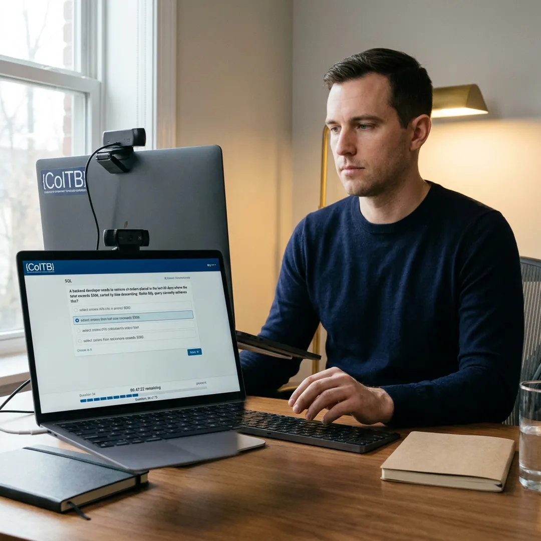 Candidate taking an online MySQL certification exam