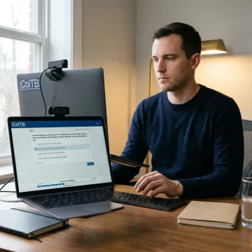 Candidate taking an online MySQL certification exam