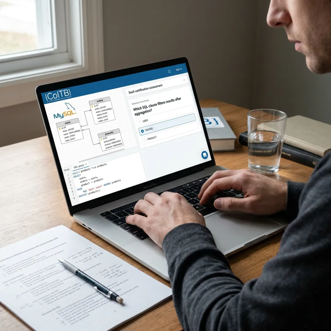 Learner preparing for an online SQL certification exam