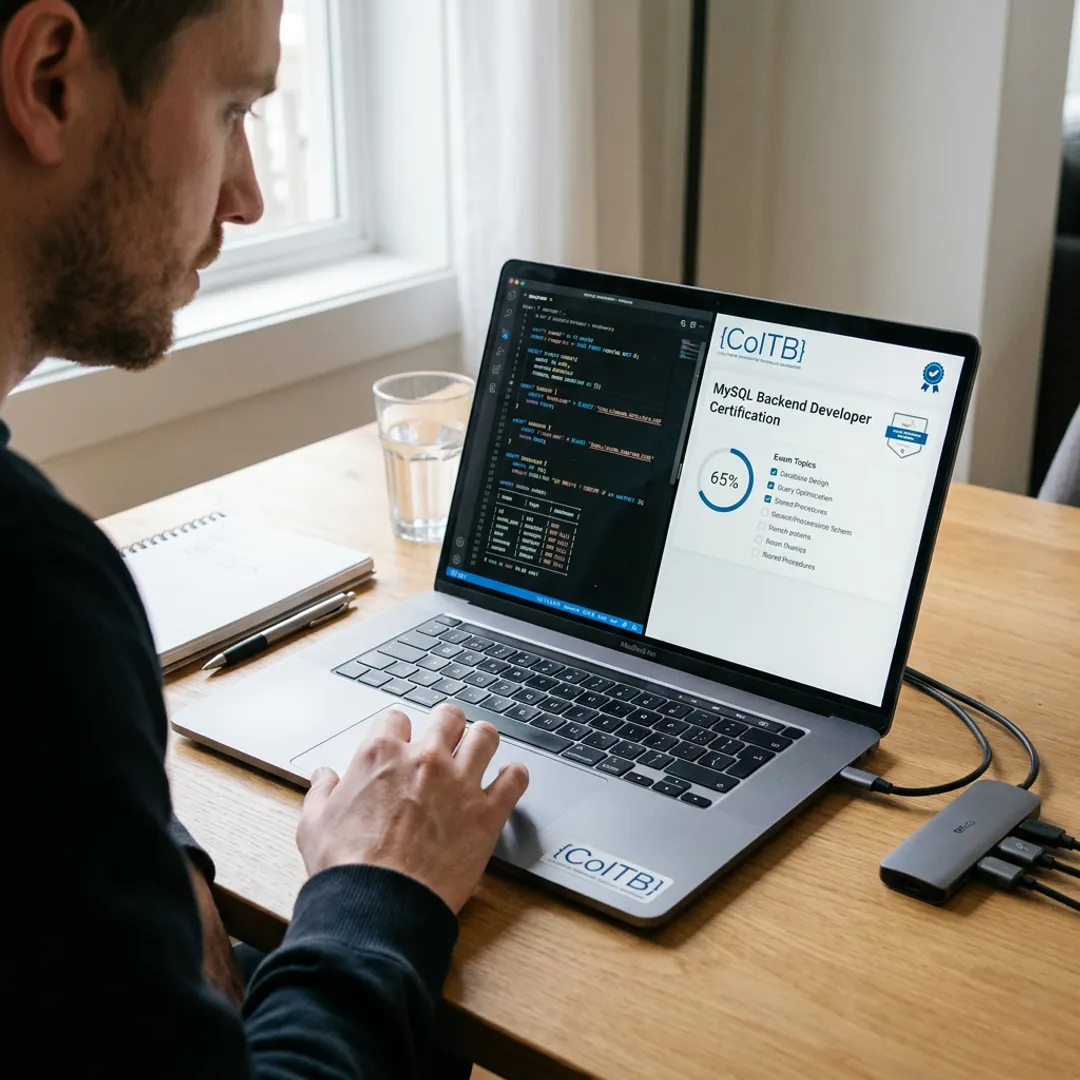 Online SQL certification preparation on laptop