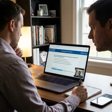 Professional taking an online AI certification exam