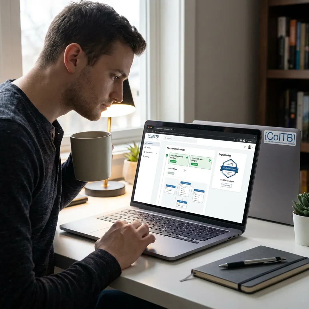 Developer planning certification pathway on laptop