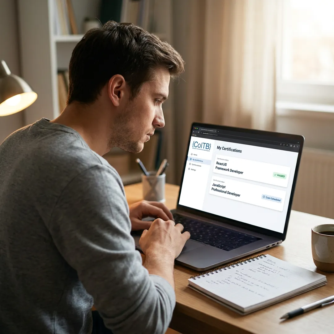 Software certification candidate at laptop