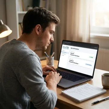 Software certification candidate at laptop