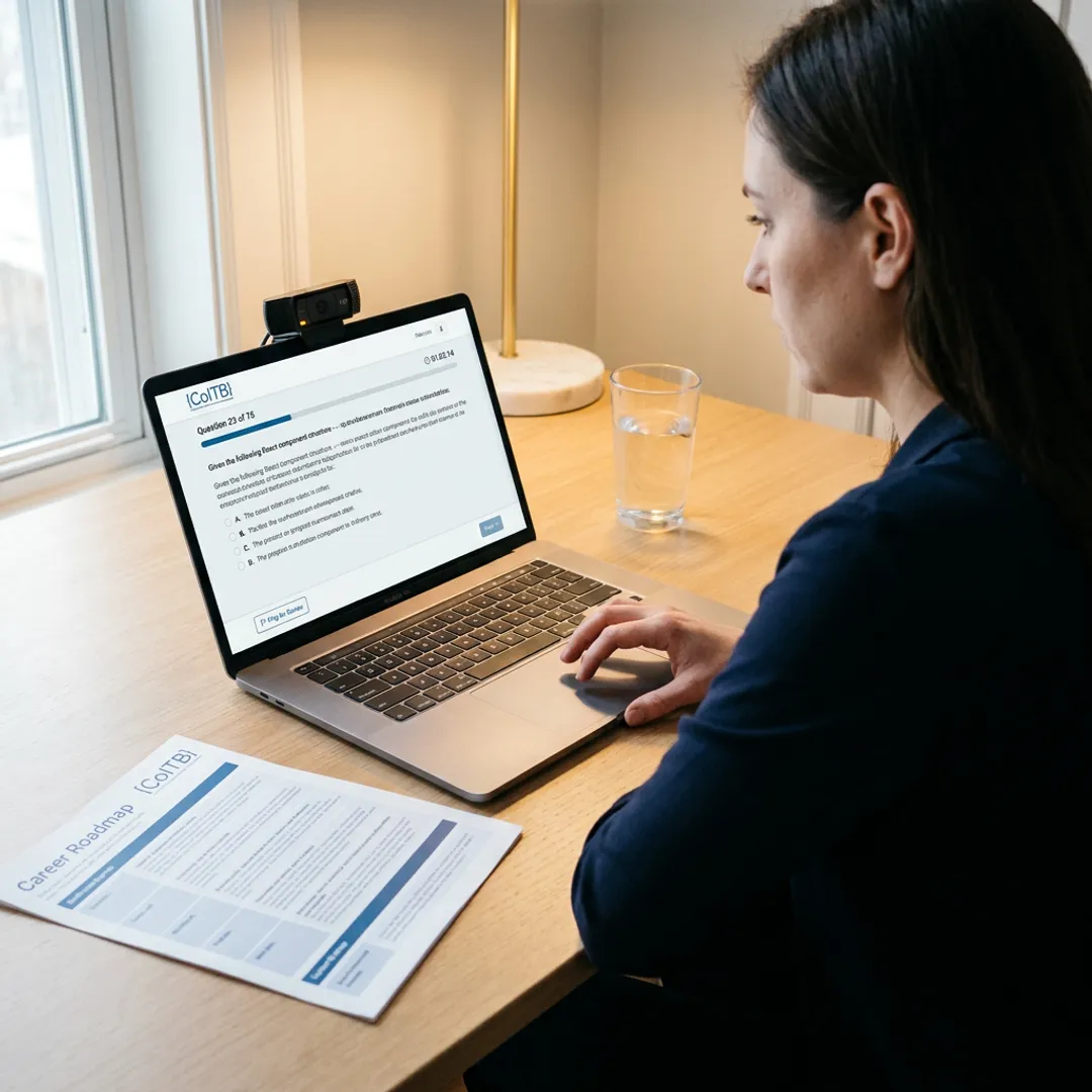 Candidate taking an online proctored certification exam