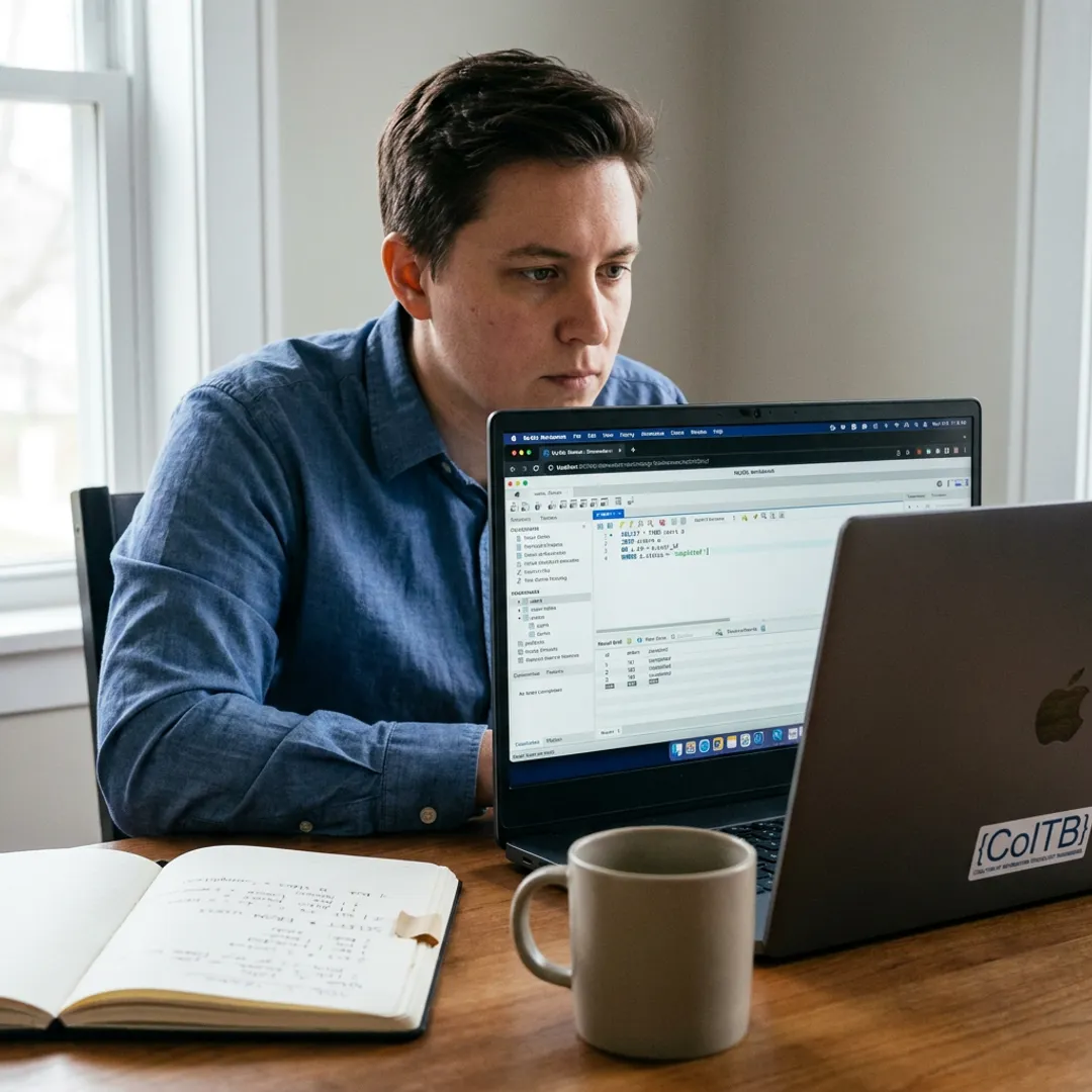 SQL certification candidate using laptop