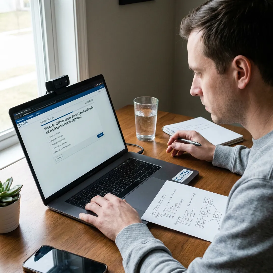 Candidate taking an online SQL certification exam