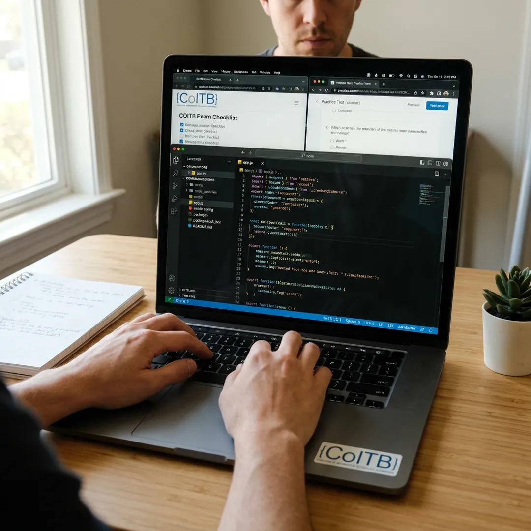 JavaScript certification exam preparation on laptop