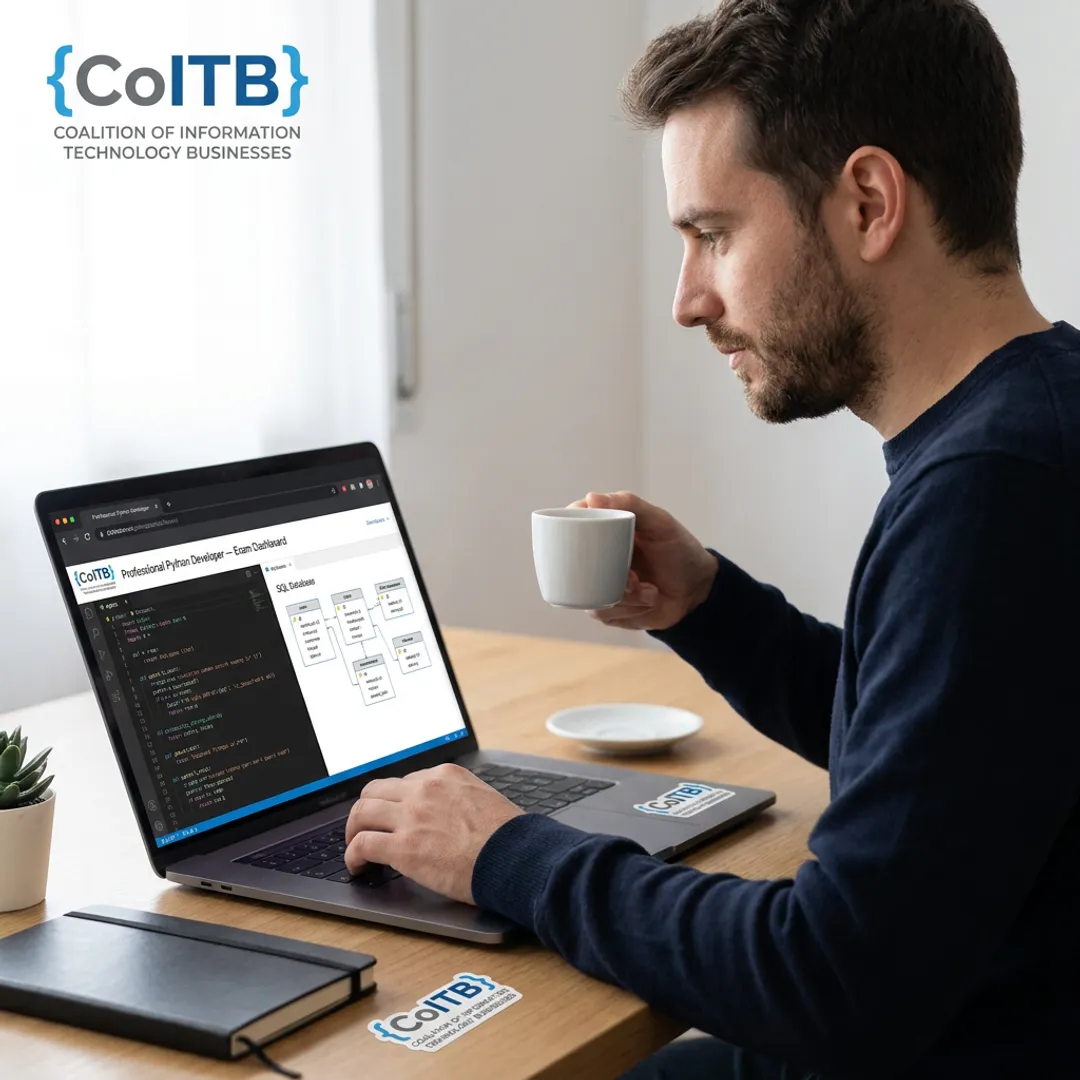 Back-end developer studying online with certification materials