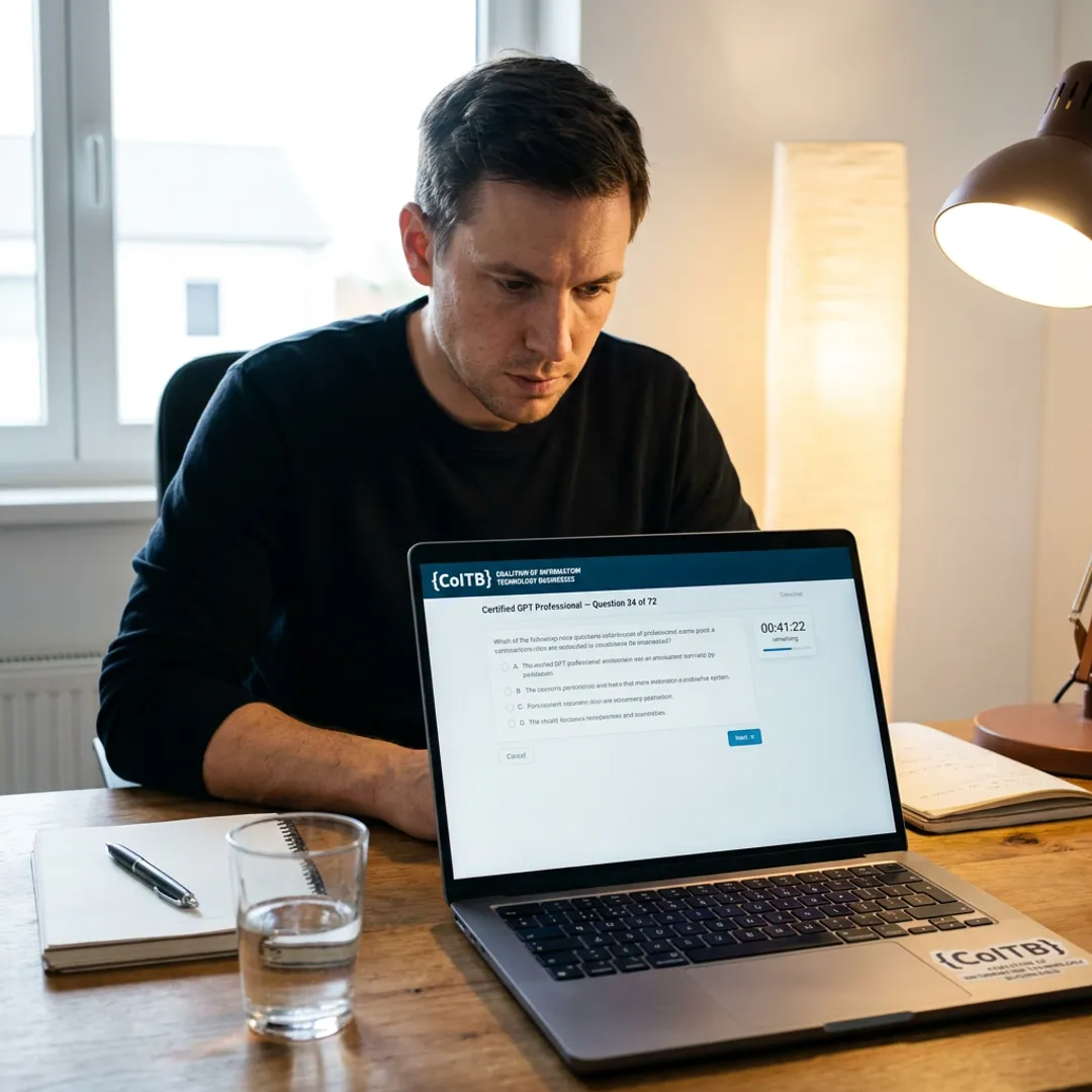 Generative AI certification candidate using laptop