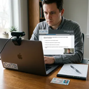 Candidate taking an online proctored certification exam