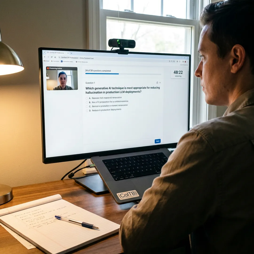 Candidate taking an online generative AI certification exam