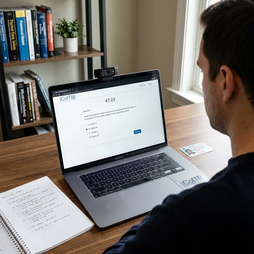 Candidate taking an online proctored certification exam
