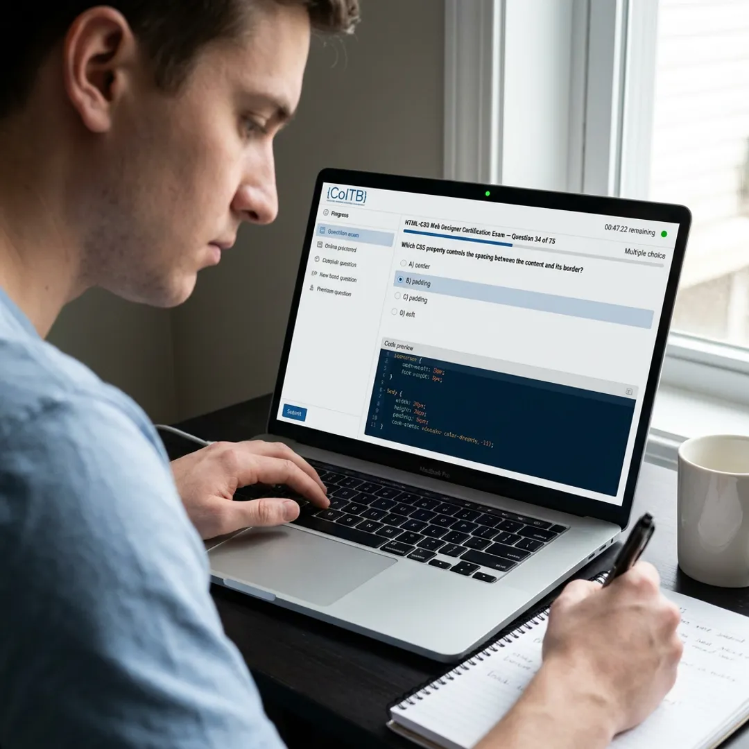 Candidate taking an online HTML certification exam