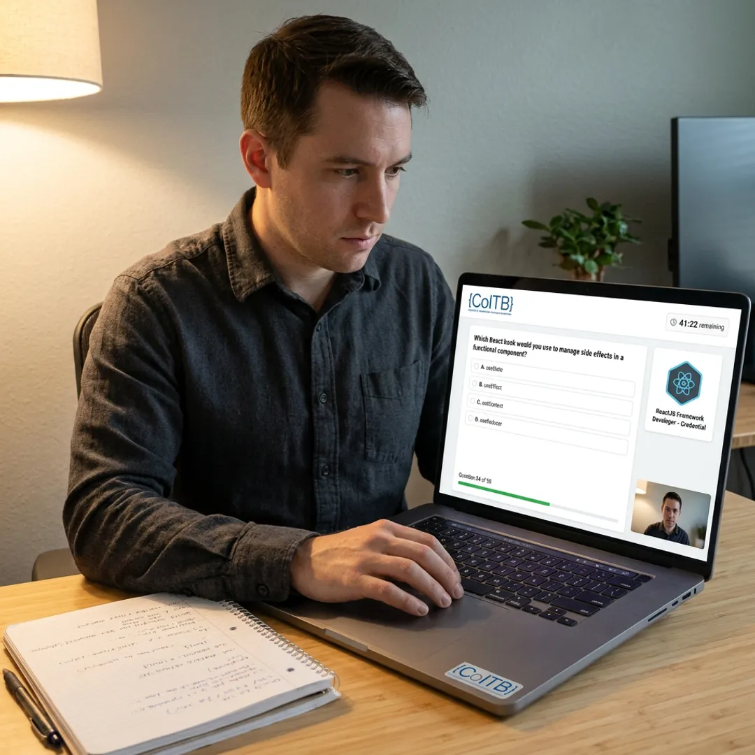 Candidate taking an online coding certification exam