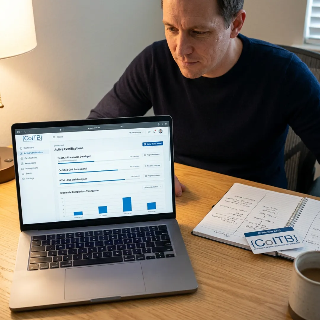 Project manager reviewing generative AI certification dashboard