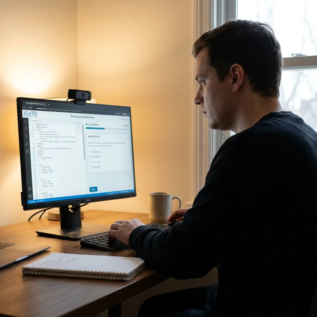 Candidate taking online web design certification exam