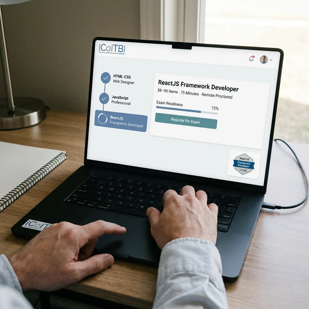 Online IT certification candidate studying at laptop