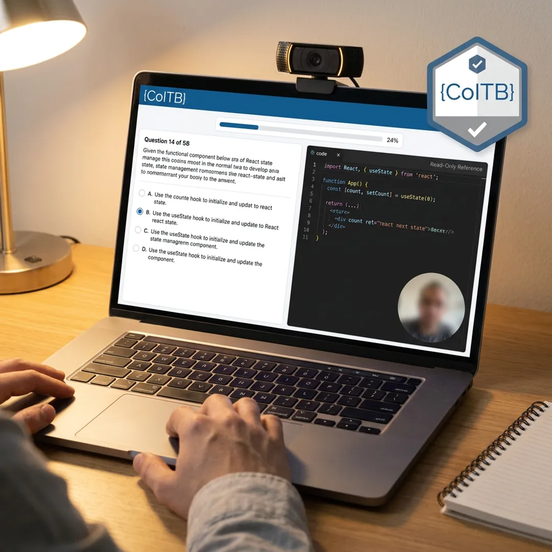 Online coding certification exam on laptop