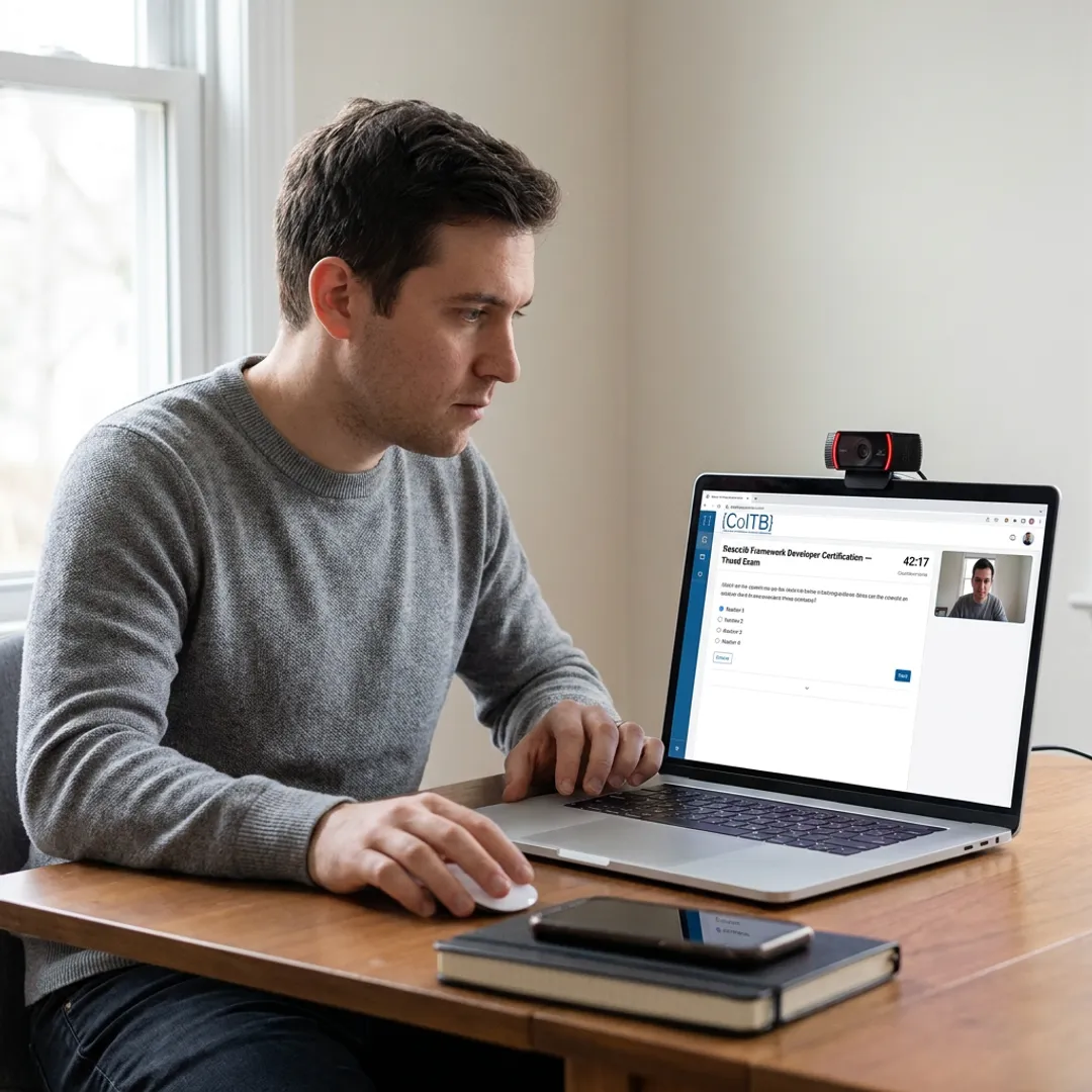 Candidate completing a secure online certification exam
