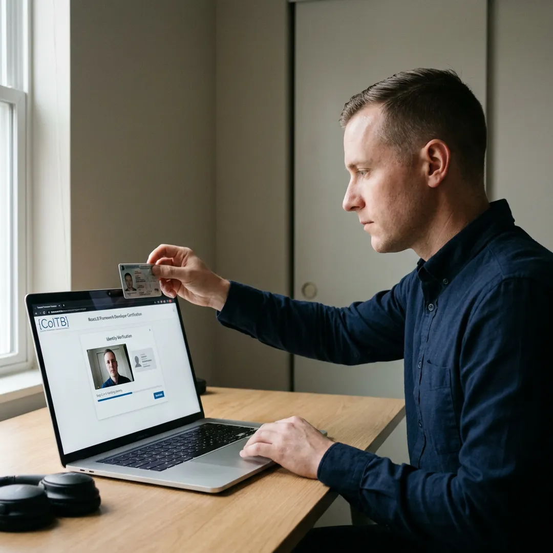 Candidate completing an online React certification exam