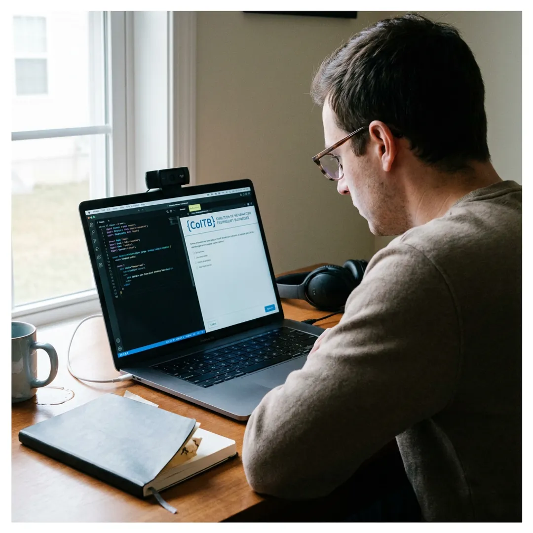 Developer taking an online React certification exam